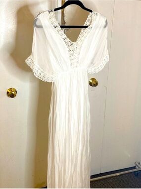IBIZA White Lightweight Silk Grecian Goddess Crochet Elastic Waist Maxi Dress